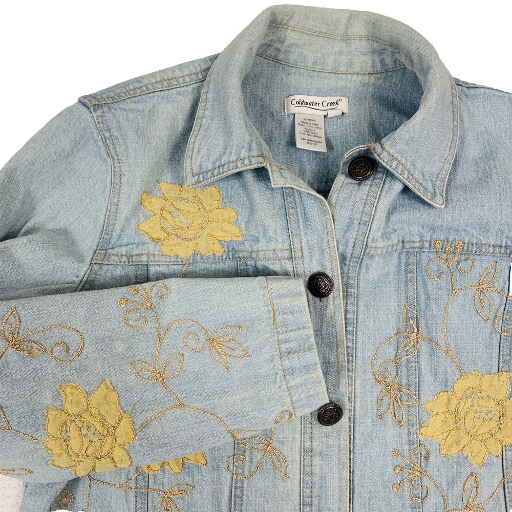 Coldwater Creek Embroidered Denim Jacket Women’s XS Light Wash Floral Boho